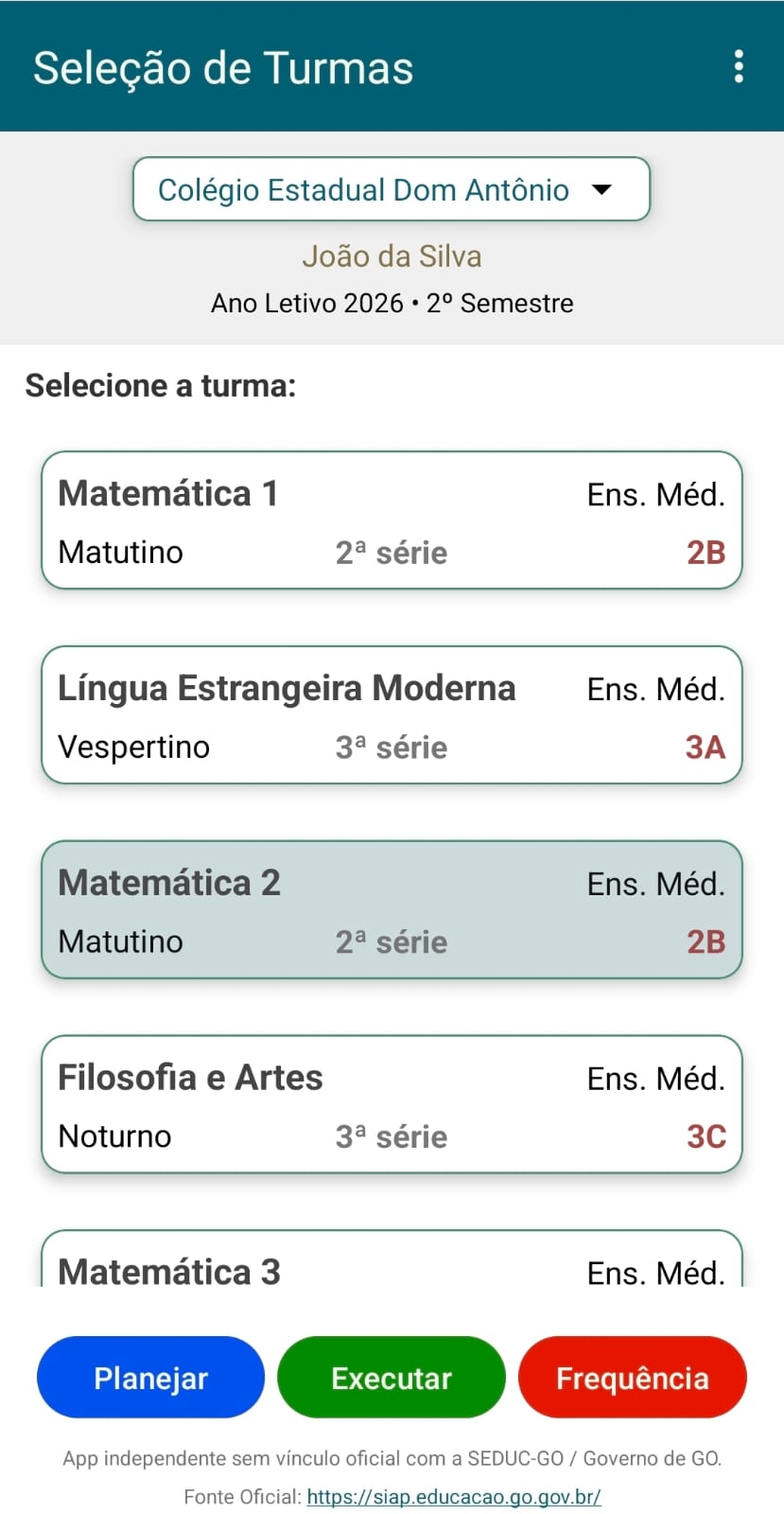 Tela de seleção de turmas do PlaniX